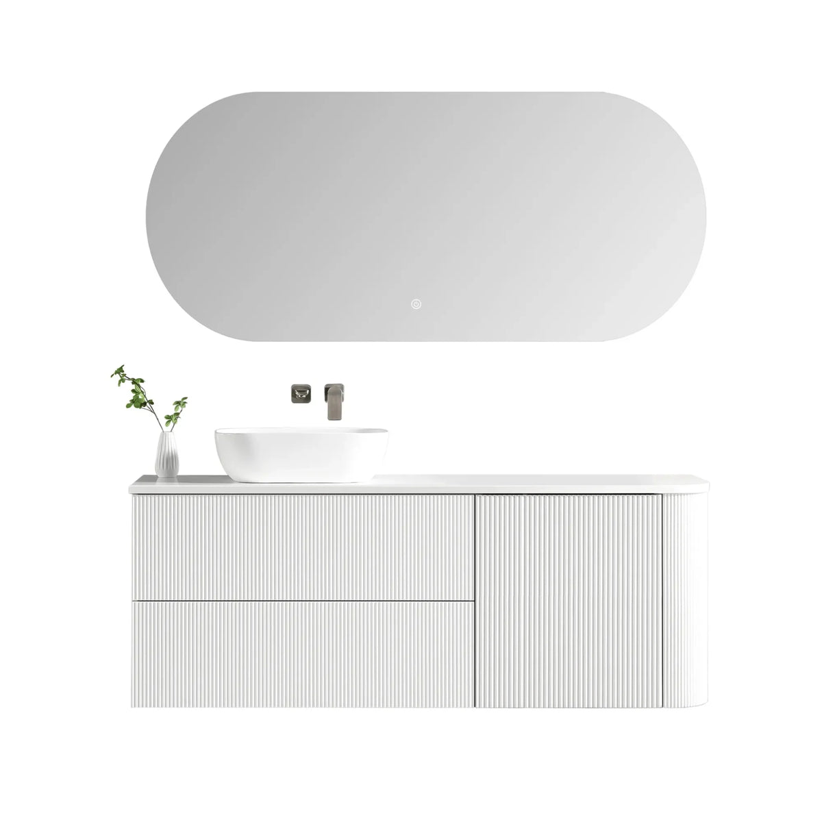 MELA BRITTANY 1500 Fluted One Side Curved Wall Hung Vanity with Door & 2 Drawers in Matt White, view 3