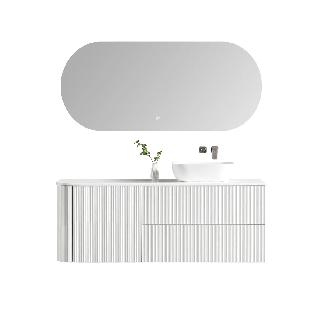 MELA BRITTANY 1500 Fluted One Side Curved Wall Hung Vanity with Door & 2 Drawers in Matt White
