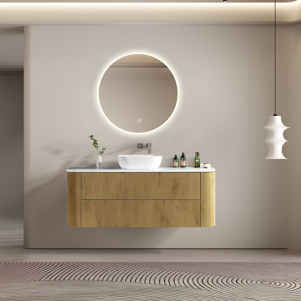 MELA BRITTANY 1500 Fluted Curved Wall Hung Vanity with 2 Drawers in Oak, view 2
