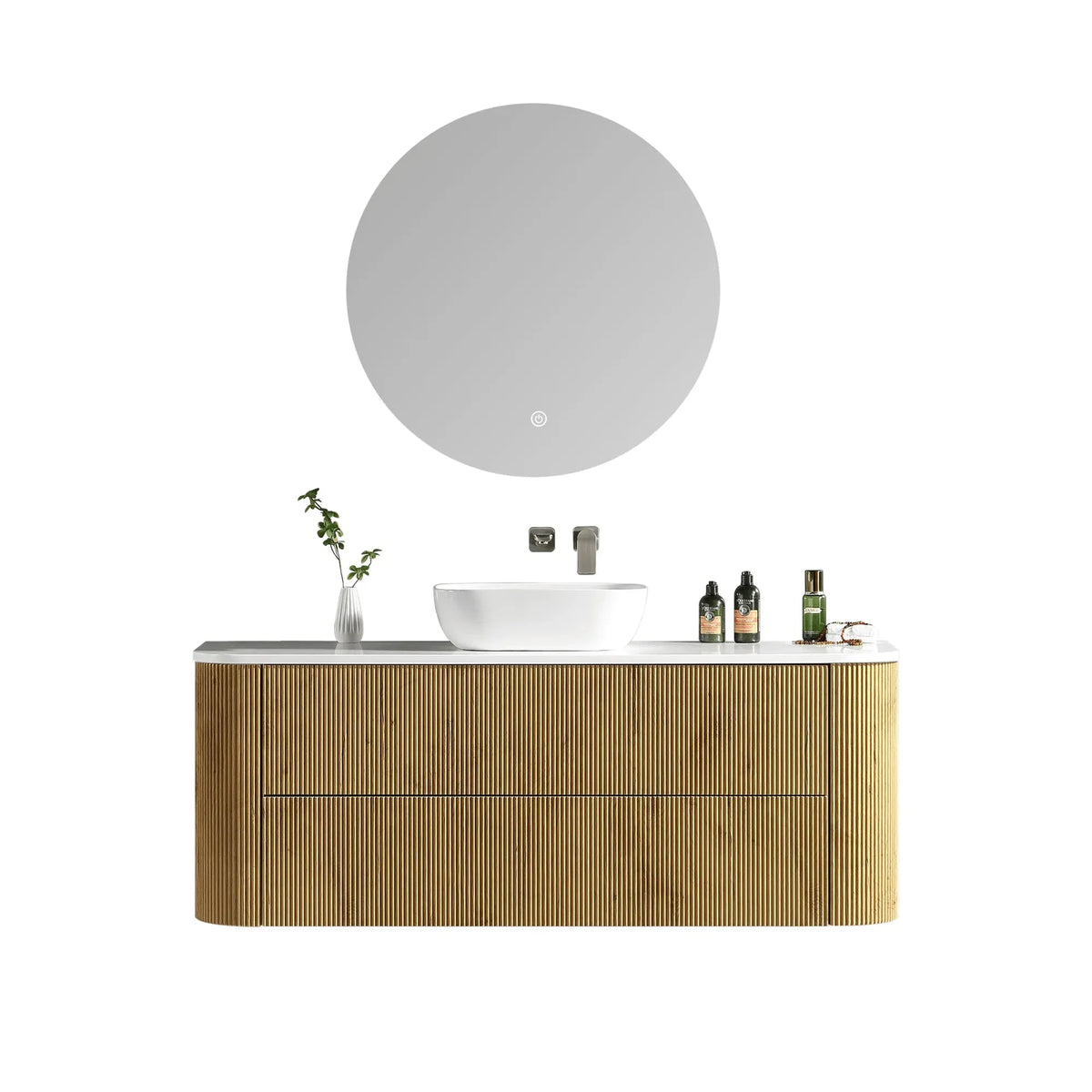 MELA BRITTANY 1500 Fluted Curved Wall Hung Vanity with 2 Drawers in Oak