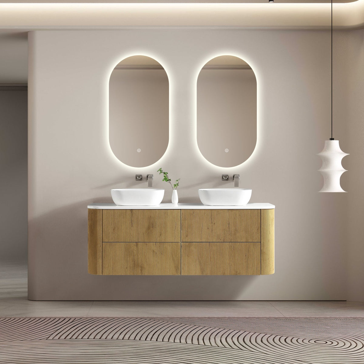 MELA BRITTANY 1500 Fluted Curved Wall Hung Vanity with 4 Drawers in Oak, view 2