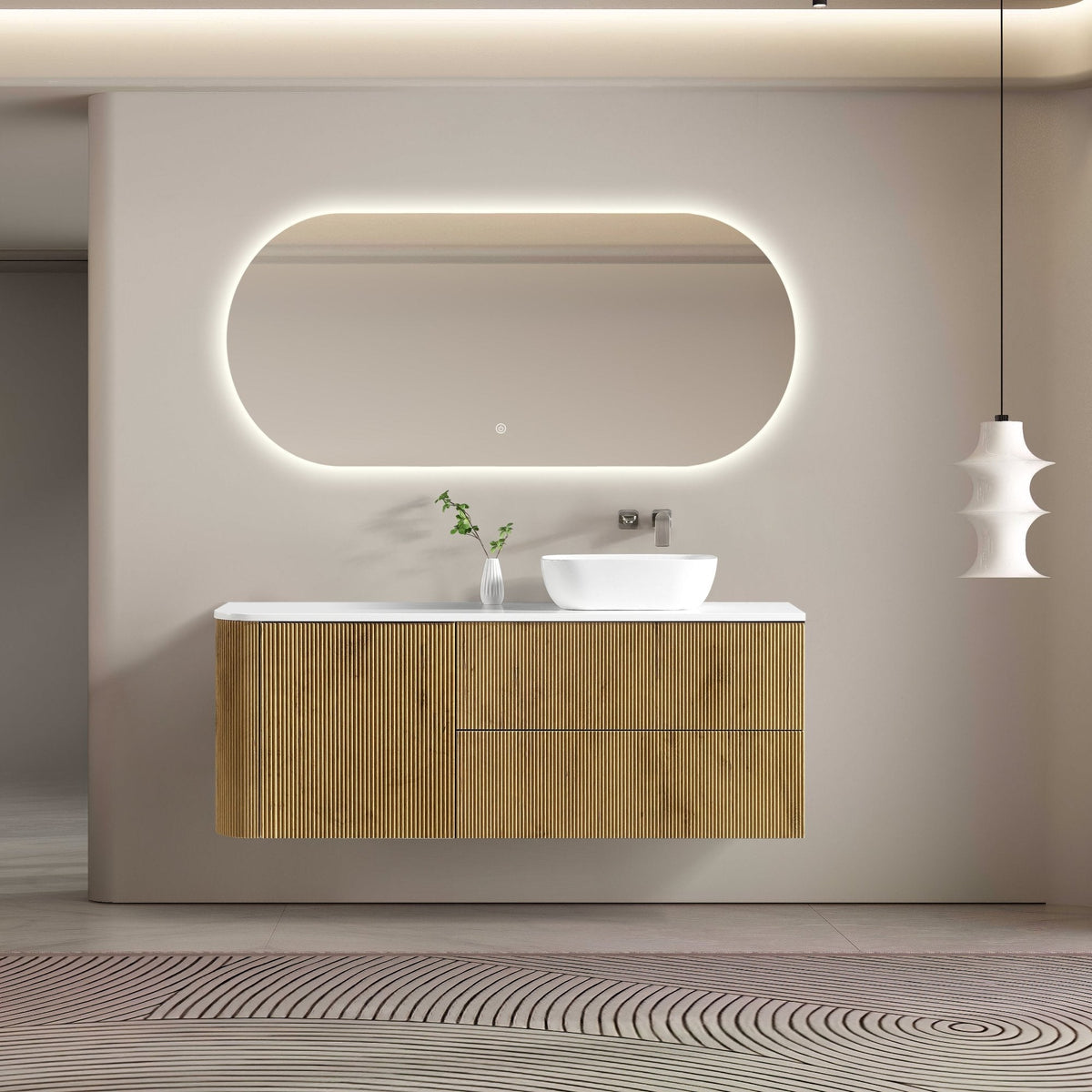 MELA BRITTANY 1500 Fluted One Side Curved Wall Hung Vanity with Door & 2 Drawers in Oak, view 2