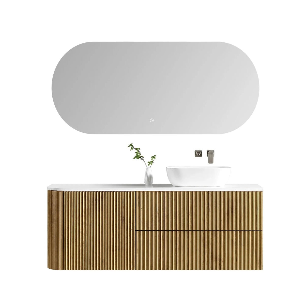 MELA BRITTANY 1500 Fluted One Side Curved Wall Hung Vanity with Door & 2 Drawers in Oak