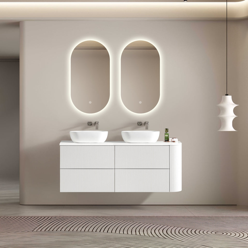 MELA BRITTANY 1650 Fluted One Side Curved Wall Hung Vanity with 4 Drawers in Matt White, view 2
