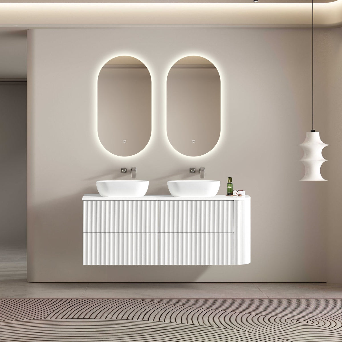 MELA BRITTANY 1650 Fluted One Side Curved Wall Hung Vanity with 4 Drawers in Matt White, view 2