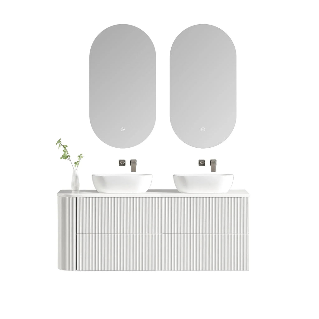 MELA BRITTANY 1650 Fluted One Side Curved Wall Hung Vanity with 4 Drawers in Matt White