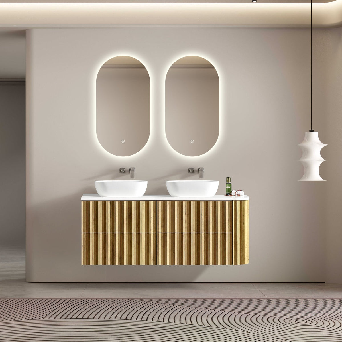 MELA BRITTANY 1650 Fluted One Side Curved Wall Hung Vanity with 4 Drawers in Oak, view 4