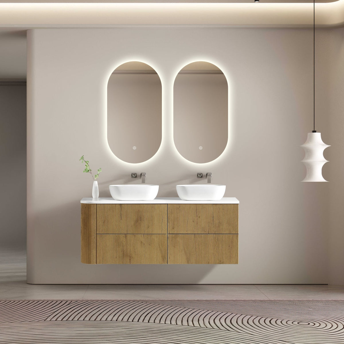 MELA BRITTANY 1650 Fluted One Side Curved Wall Hung Vanity with 4 Drawers in Oak, view 2