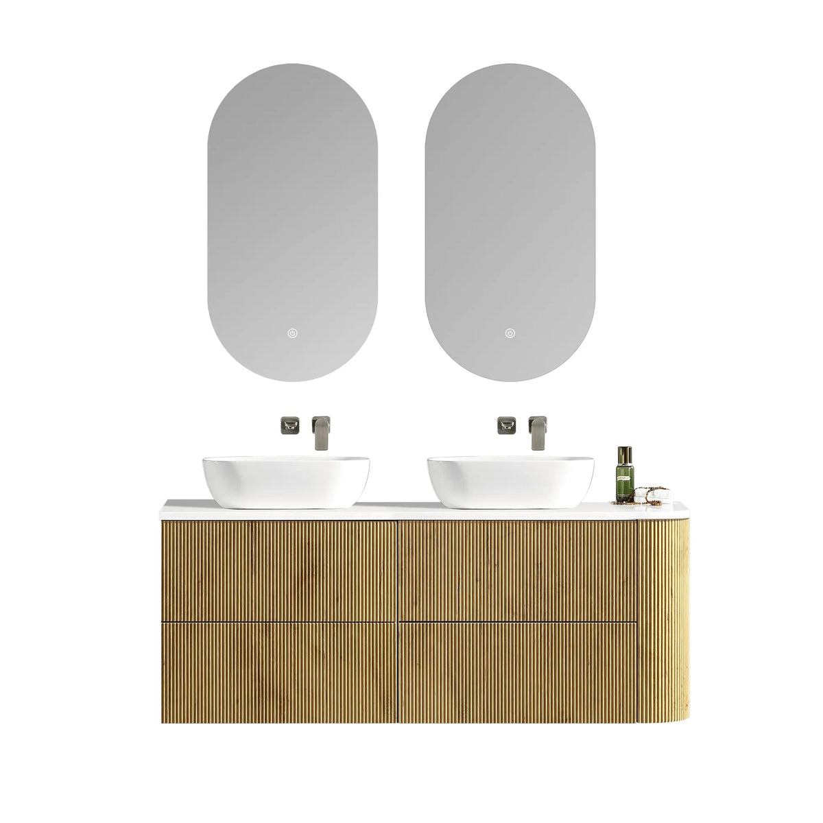 MELA BRITTANY 1650 Fluted One Side Curved Wall Hung Vanity with 4 Drawers in Oak, view 3