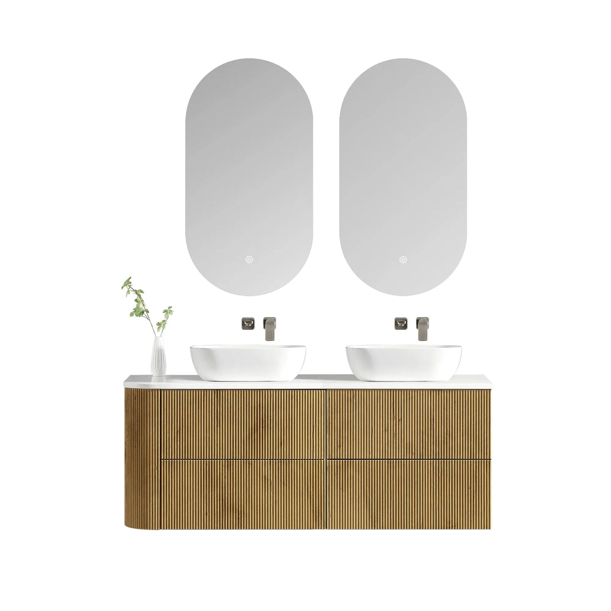 MELA BRITTANY 1650 Fluted One Side Curved Wall Hung Vanity with 4 Drawers in Oak