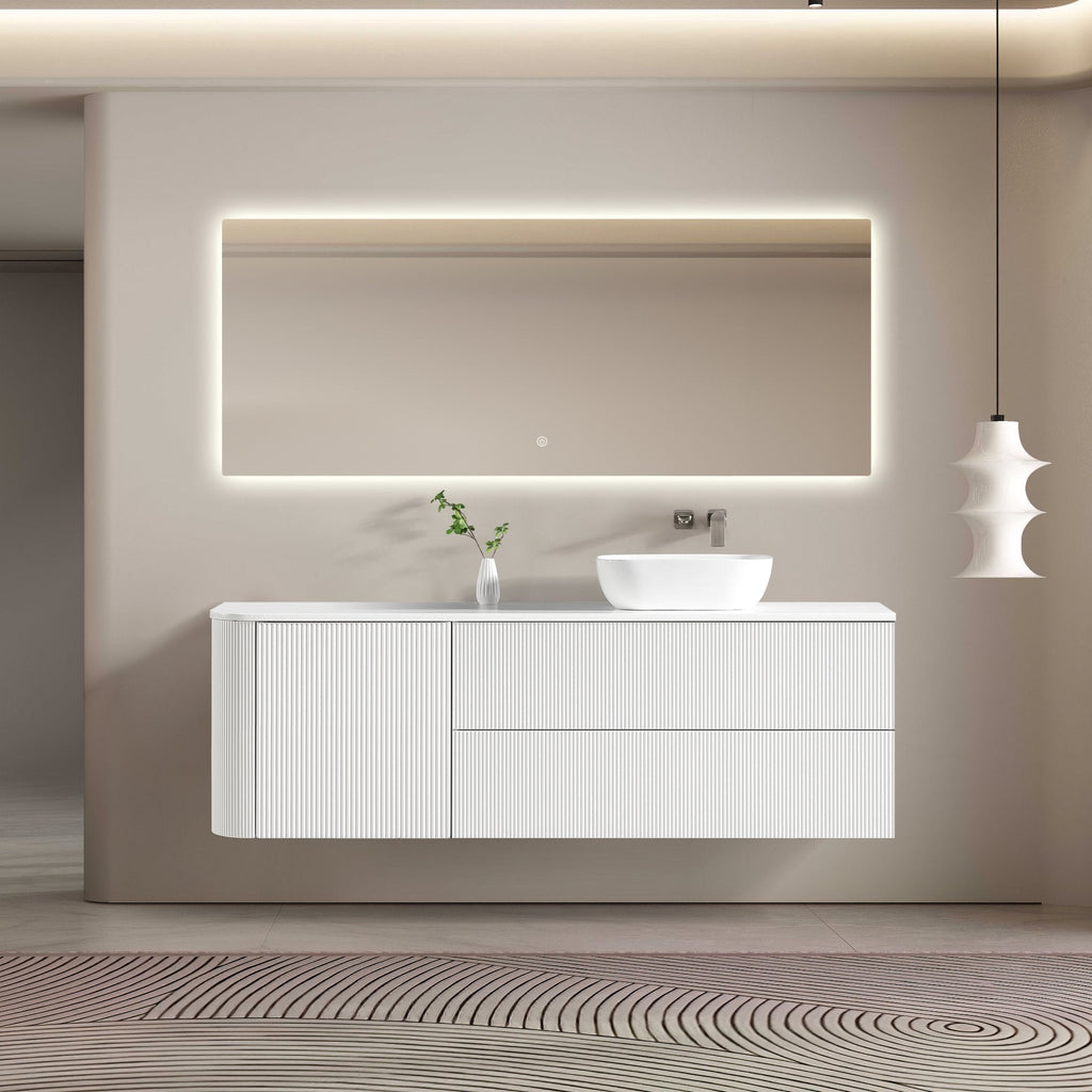 MELA BRITTANY 1800 Matt White Fluted One Side Curved Wall Hung Vanity with Door & 2 Drawers, view 2