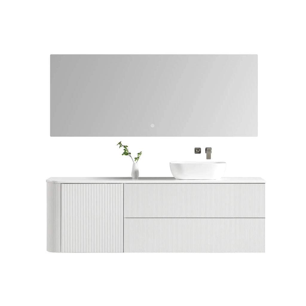 MELA BRITTANY 1800 Matt White Fluted One Side Curved Wall Hung Vanity with Door & 2 Drawers