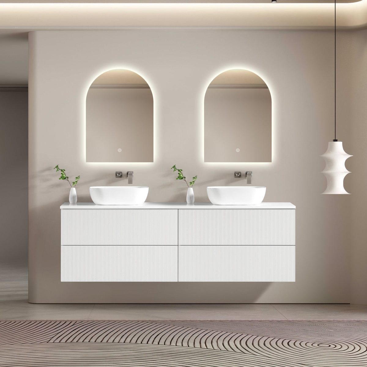 MELA BRITTANY 1800 Matt White Fluted Wall Hung Double Vanity with 4 Drawers, view 2