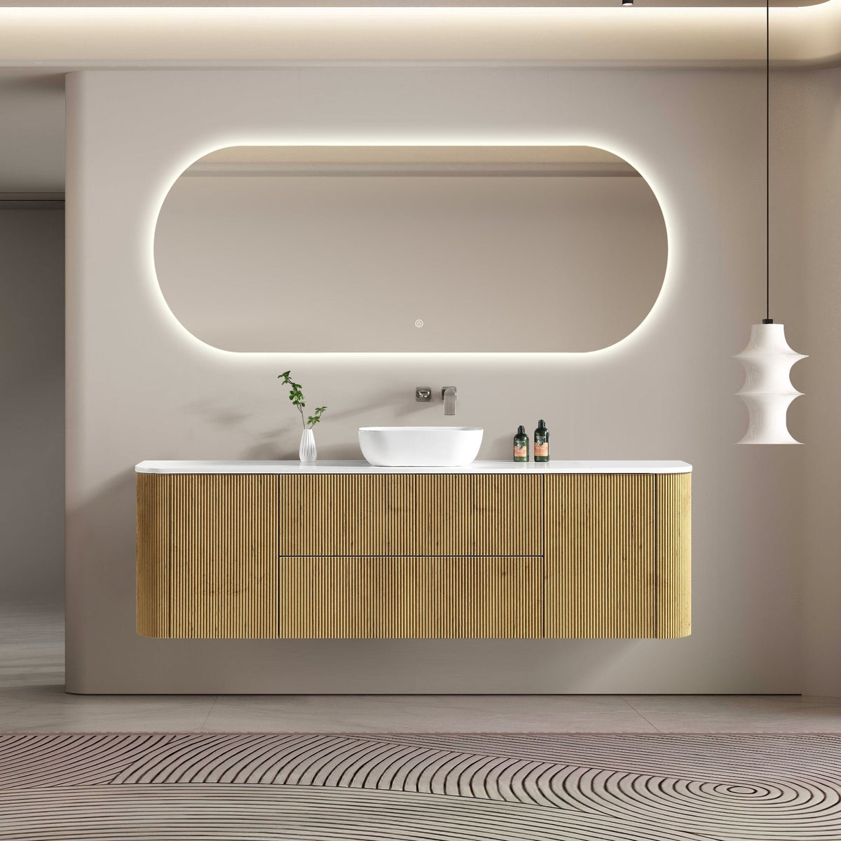 MELA BRITTANY 1800 Oak Fluted Curved Wall Hung Vanity with 2 Doors & 2 Drawers, view 2