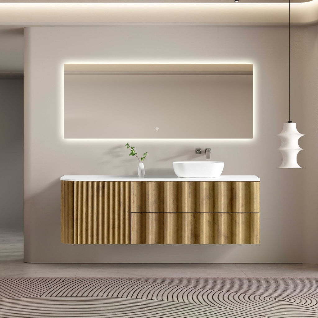 MELA BRITTANY 1800 Oak Fluted One Side Curved Wall Hung Vanity with Door & 2 Drawers, view 2