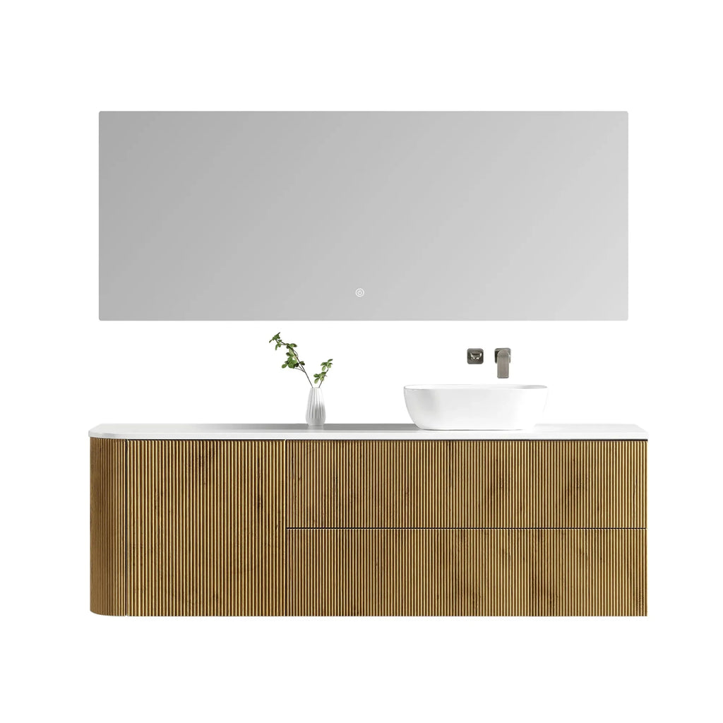 MELA BRITTANY 1800 Oak Fluted One Side Curved Wall Hung Vanity with Door & 2 Drawers