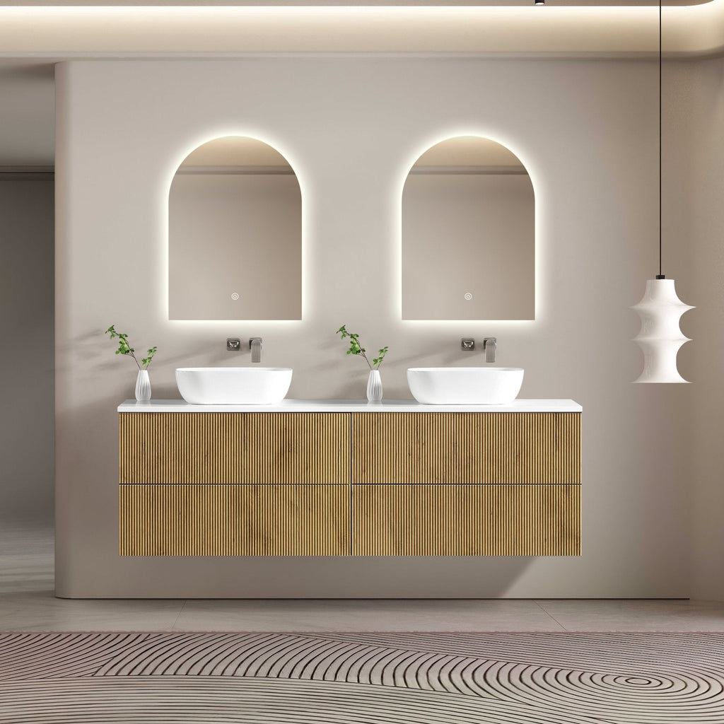 MELA BRITTANY 1800 Oak Fluted Wall Hung Double Vanity with 4 Drawers, view 2