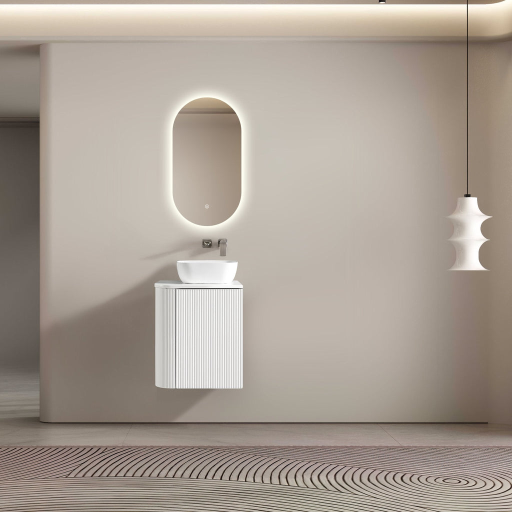 MELA BRITTANY 450 Fluted One Side Curved Wall Hung Vanity with Cupboard in Matt White, view 2