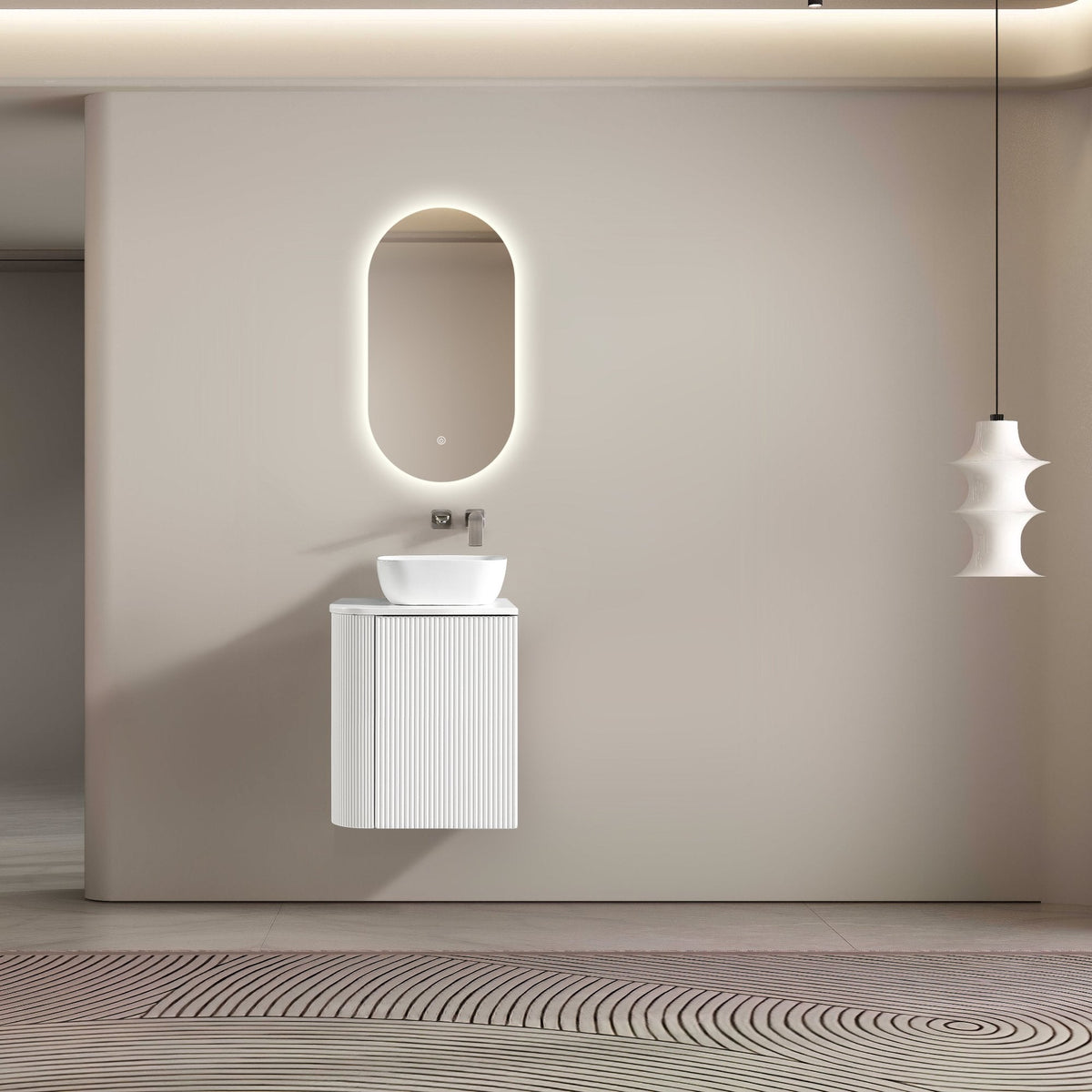 MELA BRITTANY 450 Fluted One Side Curved Wall Hung Vanity with Cupboard in Matt White, view 2