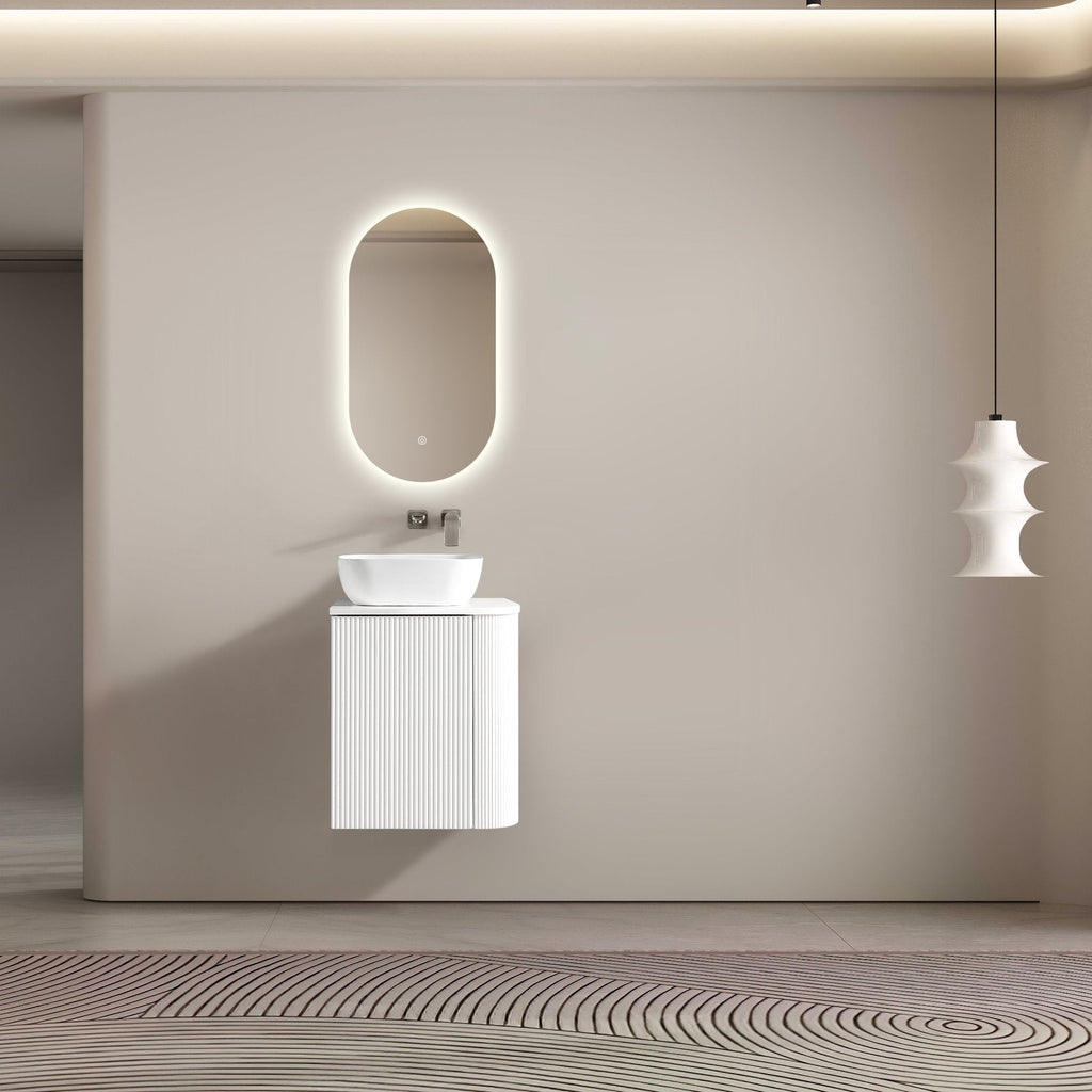 MELA BRITTANY 450 Fluted One Side Curved Wall Hung Vanity with Cupboard in Matt White, view 4