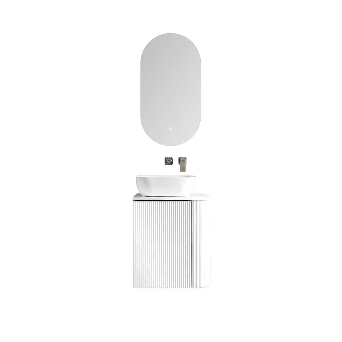 MELA BRITTANY 450 Fluted One Side Curved Wall Hung Vanity with Cupboard in Matt White, view 3