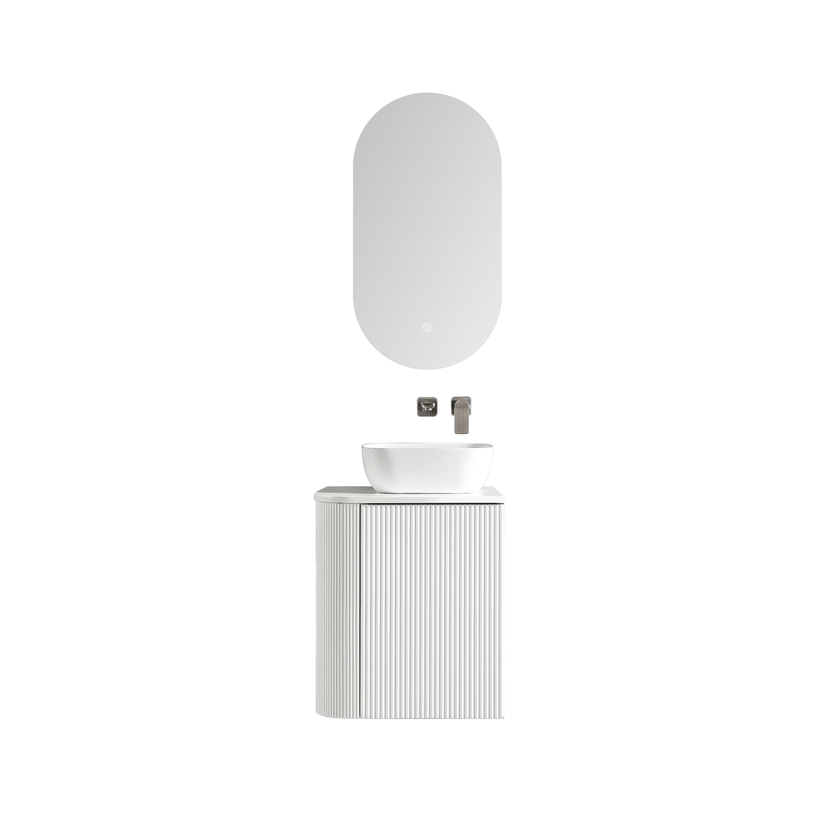MELA BRITTANY 450 Fluted One Side Curved Wall Hung Vanity with Cupboard in Matt White
