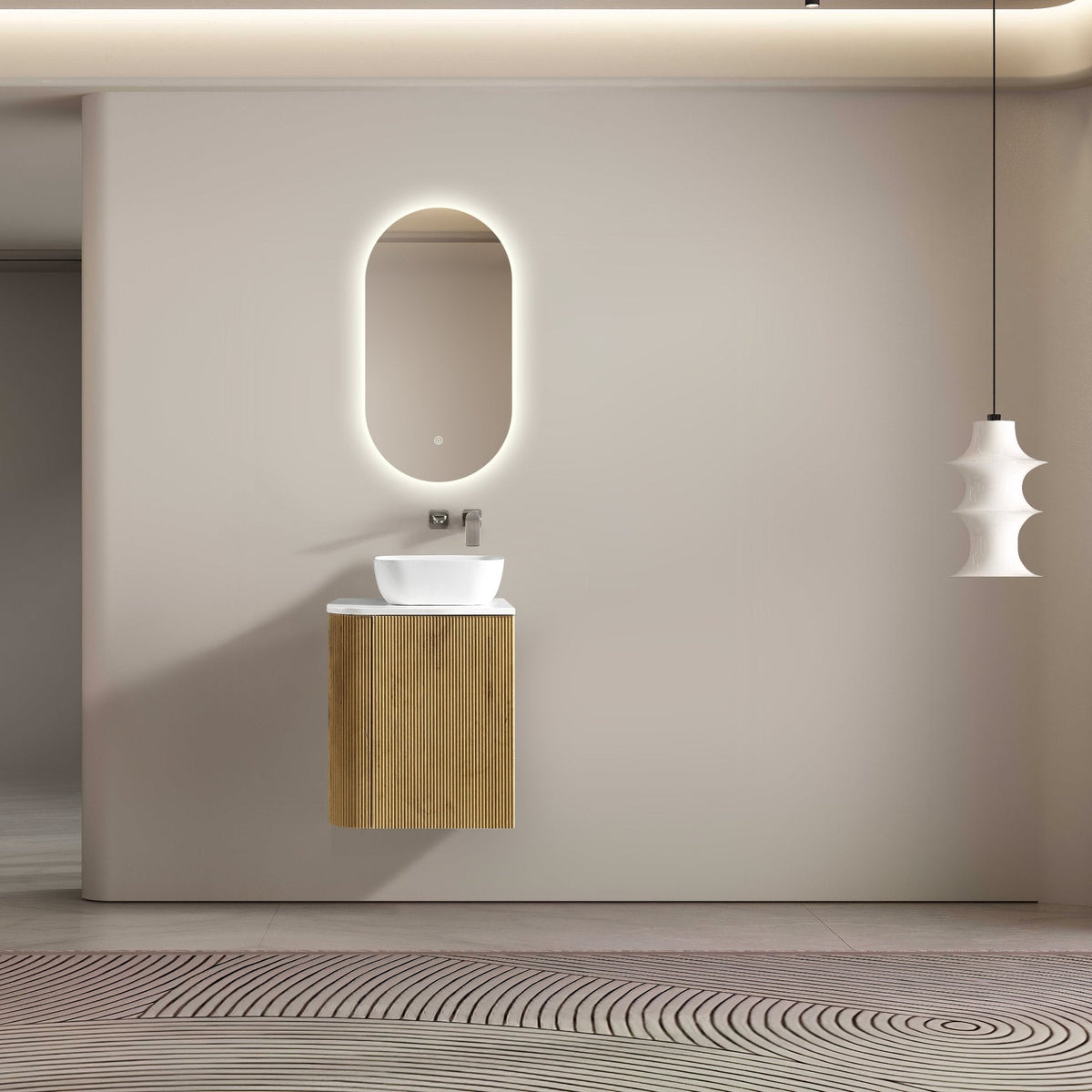 MELA BRITTANY 450 Fluted One Side Curved Wall Hung Vanity with Cupboard in Oak, view 2