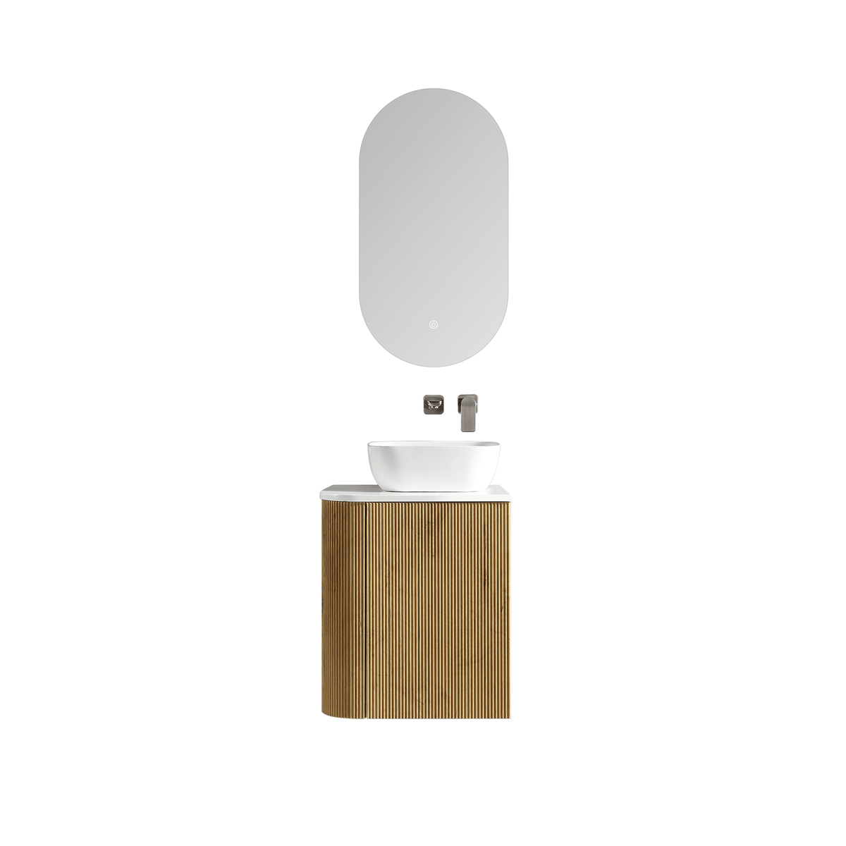 MELA BRITTANY 450 Fluted One Side Curved Wall Hung Vanity with Cupboard in Oak