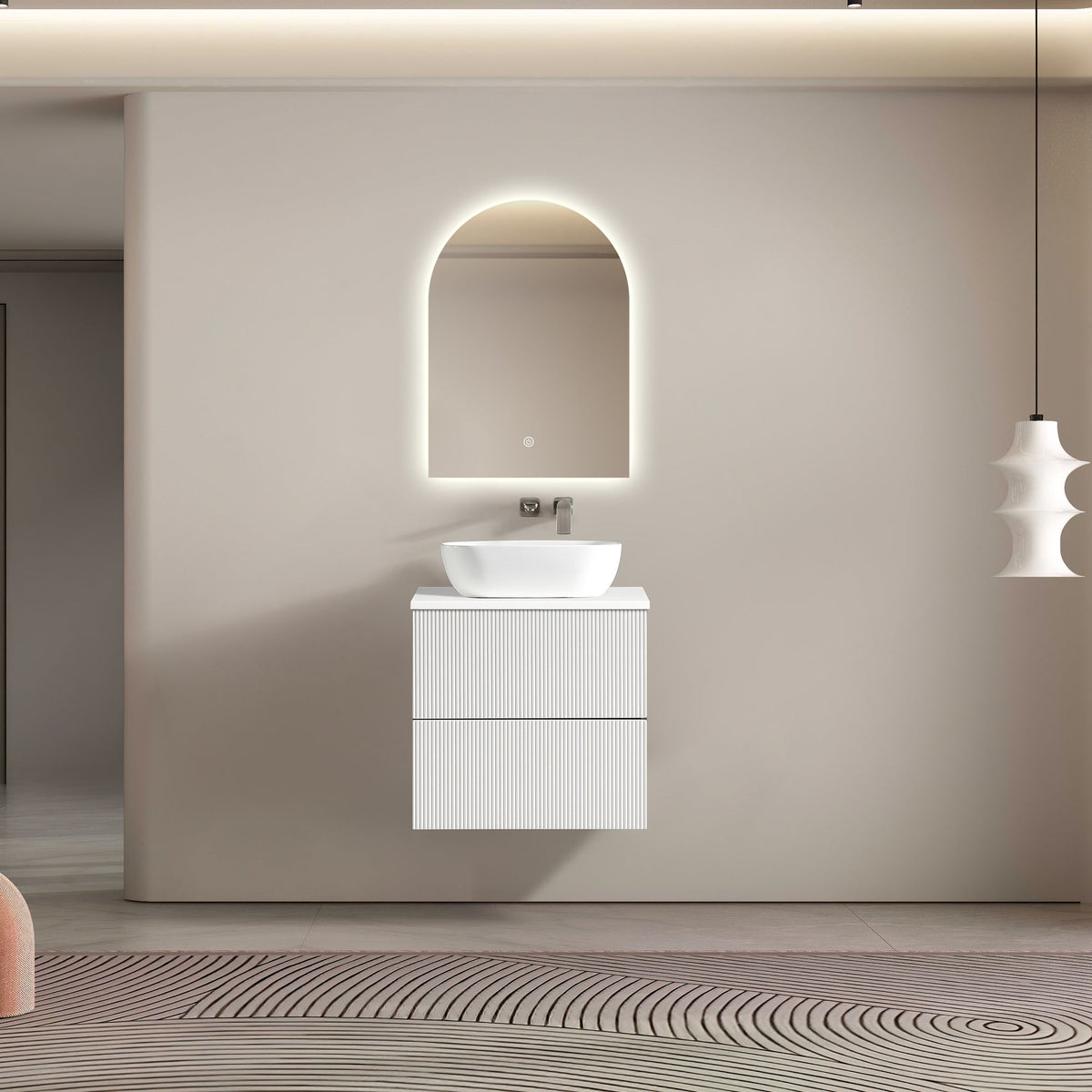 MELA BRITTANY 600 Matt White Fluted Wall Hung Vanity with 2 Drawers, view 2