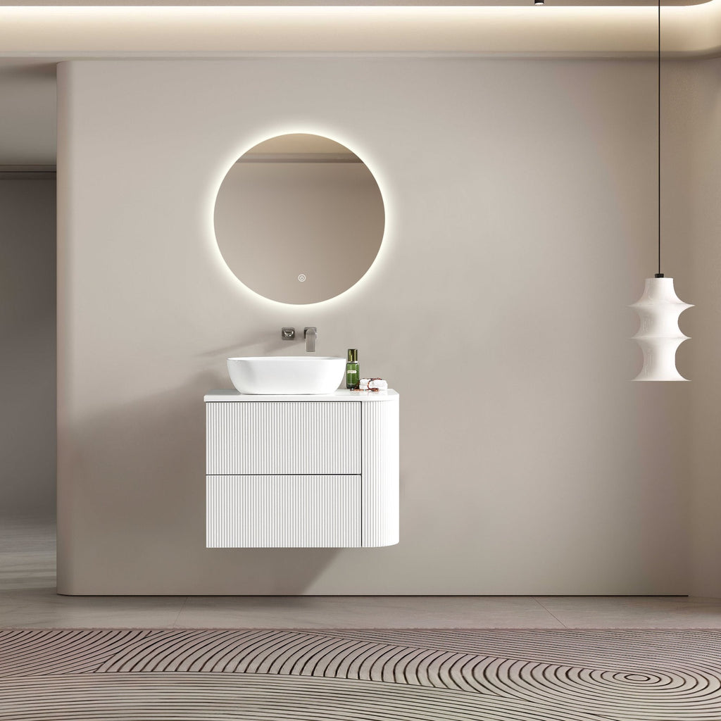 MELA BRITTANY 750 Fluted One Side Curved Wall Hung Vanity with 2 Drawers in Matt White, view 4