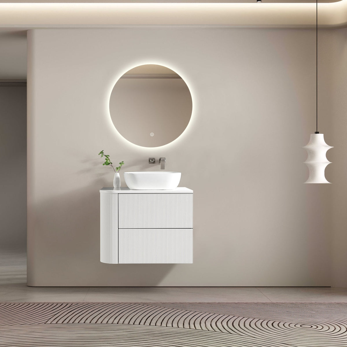 MELA BRITTANY 750 Fluted One Side Curved Wall Hung Vanity with 2 Drawers in Matt White, view 2