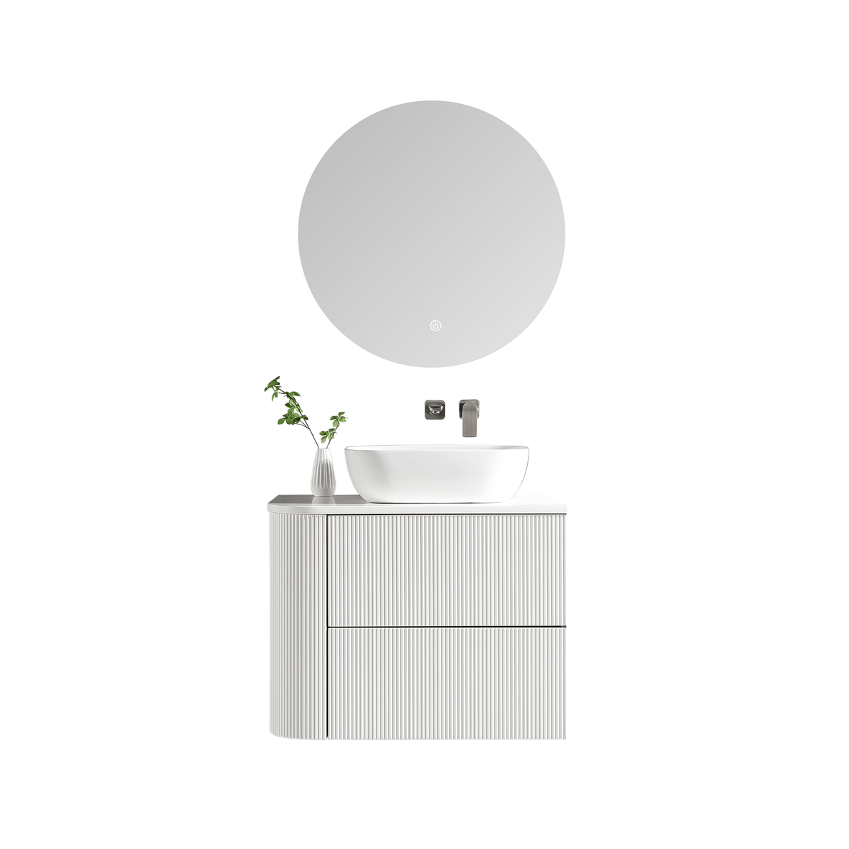 MELA BRITTANY 750 Fluted One Side Curved Wall Hung Vanity with 2 Drawers in Matt White