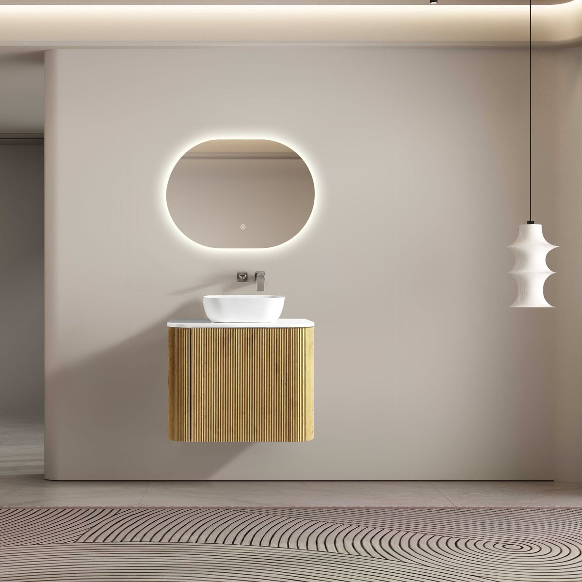 MELA BRITTANY 750 Fluted Curved Wall Hung Vanity with Cupboard in Oak, view 2