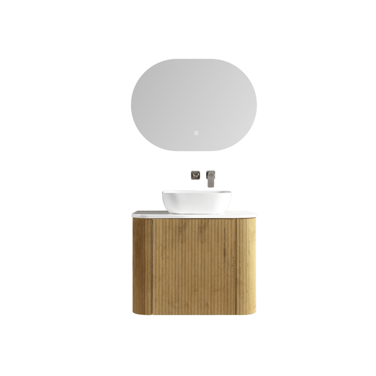 MELA BRITTANY 750 Fluted Curved Wall Hung Vanity with Cupboard in Oak