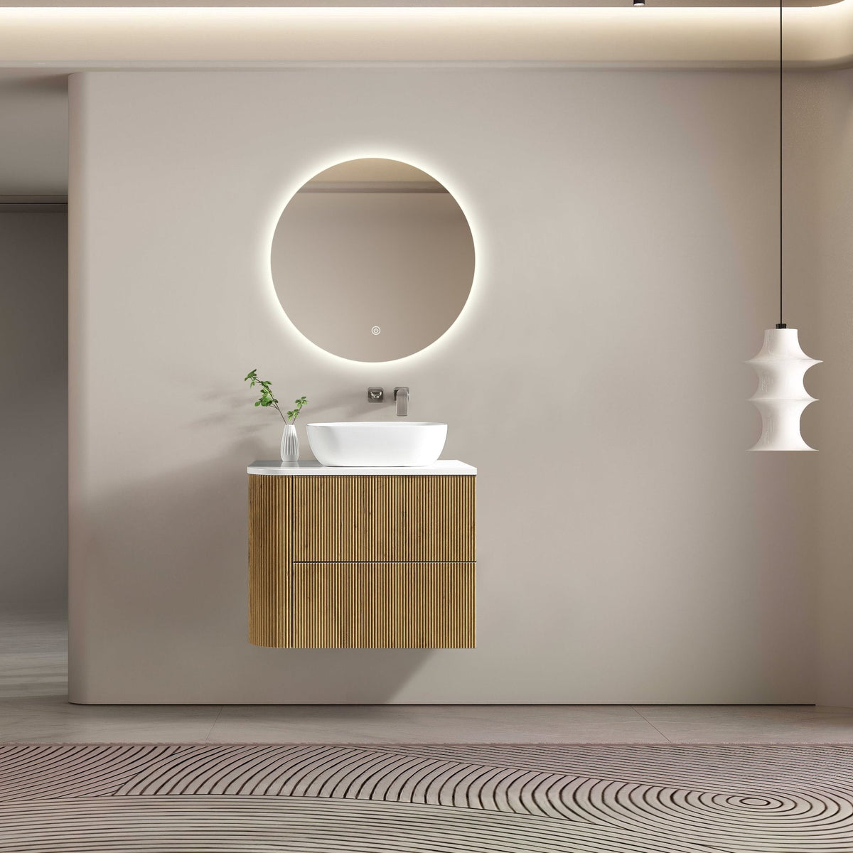 MELA BRITTANY 750 Fluted One Side Curved Wall Hung Vanity with 2 Drawers in Oak, view 2