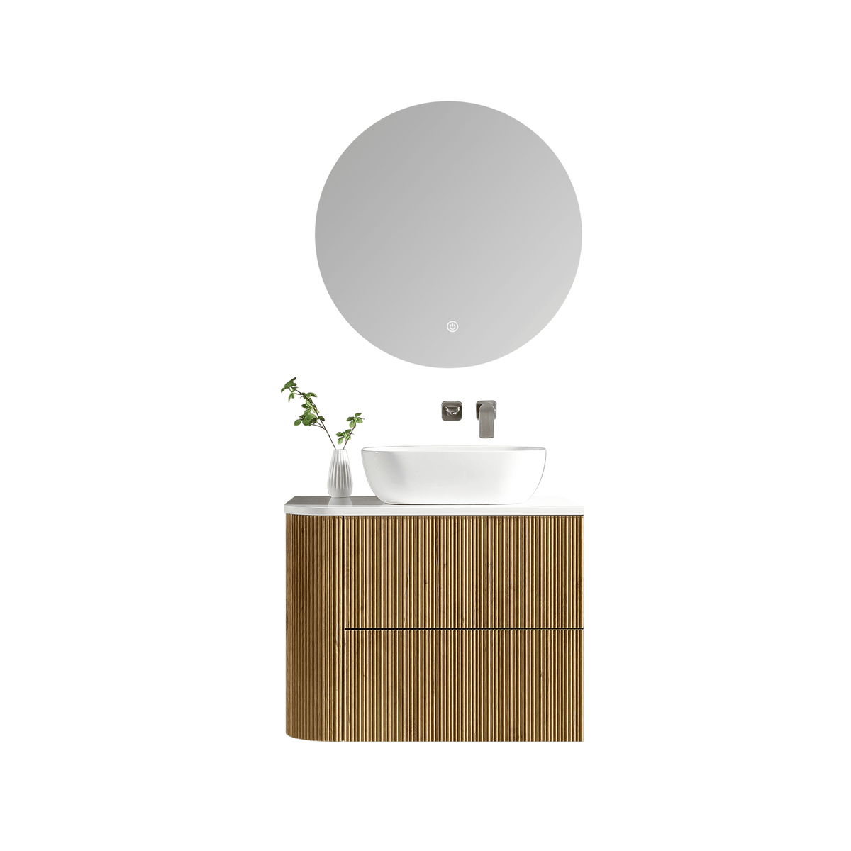 MELA BRITTANY 750 Fluted One Side Curved Wall Hung Vanity with 2 Drawers in Oak