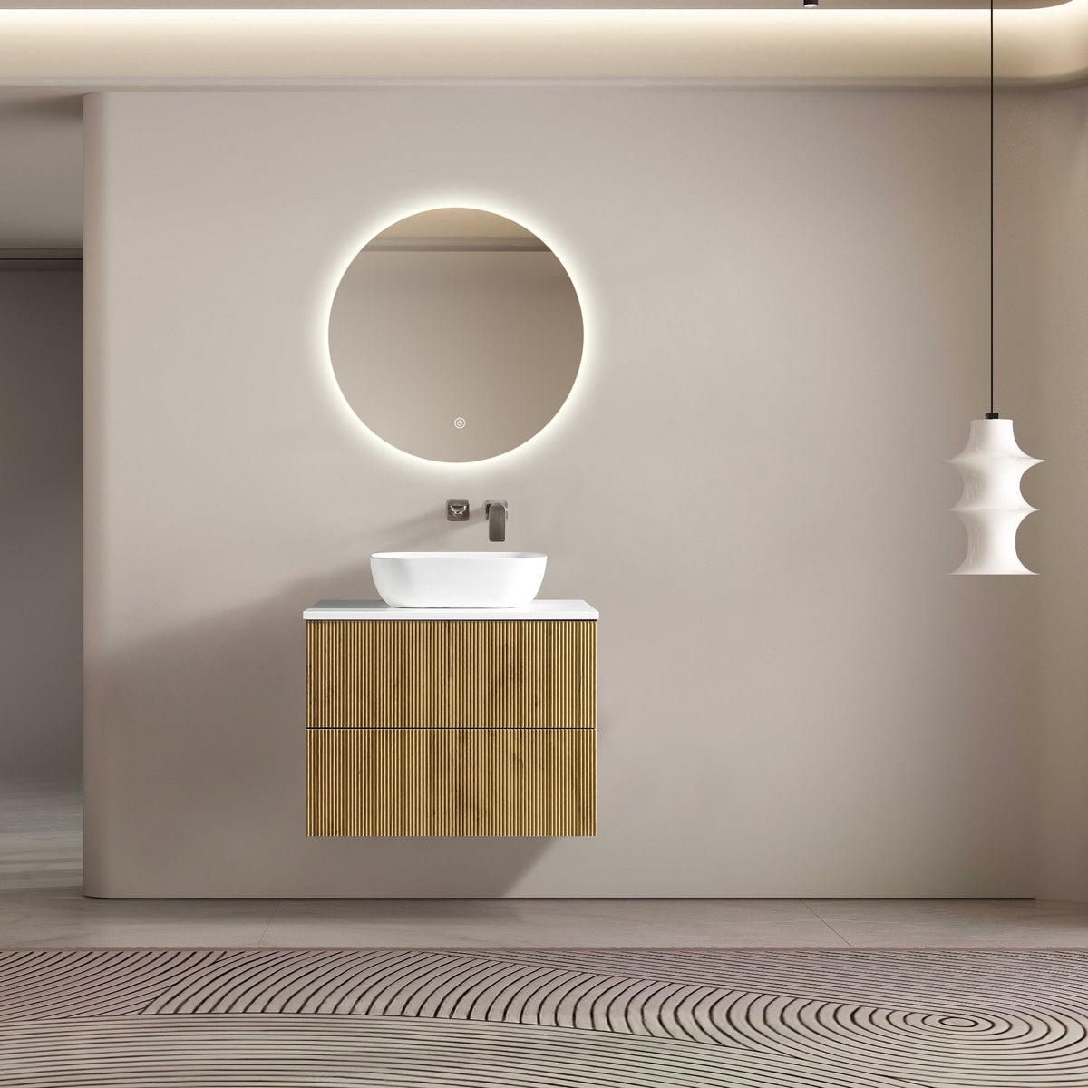 MELA BRITTANY 750 Fluted Wall Hung Vanity with 2 Drawers in Oak, view 2