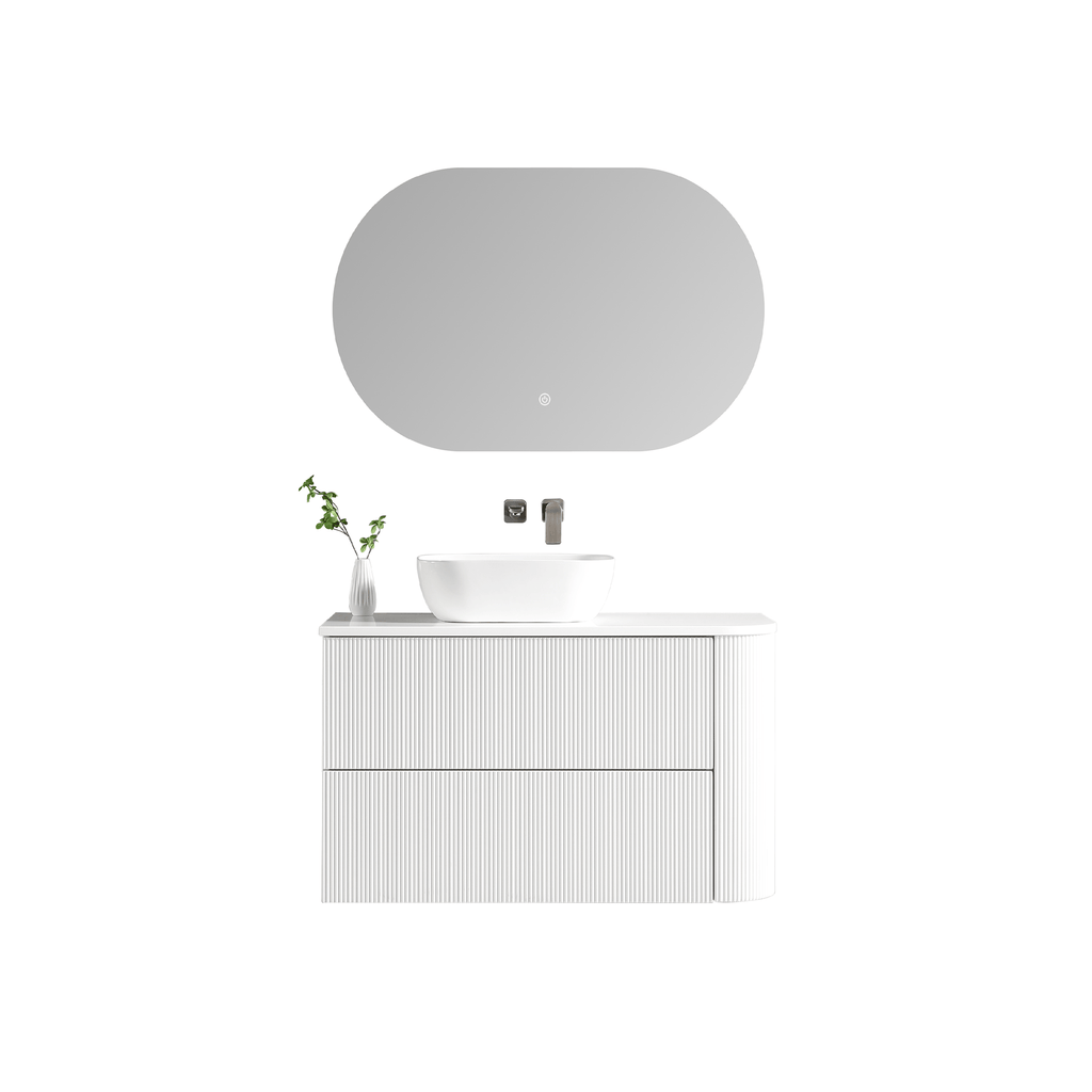 MELA BRITTANY 900 Fluted One Side Curved Wall Hung Vanity with 2 Drawers in Matt White, view 3