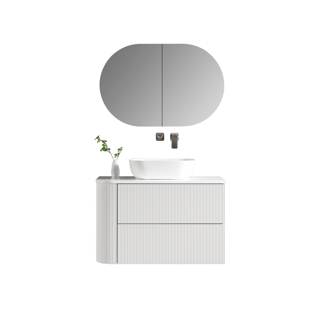 MELA BRITTANY 900 Fluted One Side Curved Wall Hung Vanity with 2 Drawers in Matt White