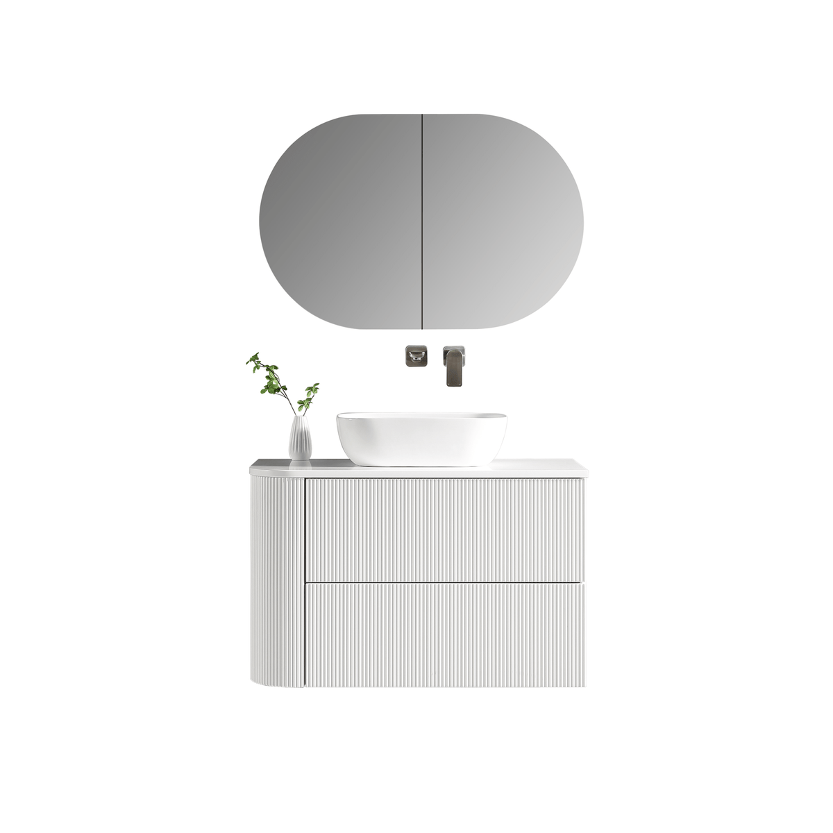 MELA BRITTANY 900 Fluted One Side Curved Wall Hung Vanity with 2 Drawers in Matt White