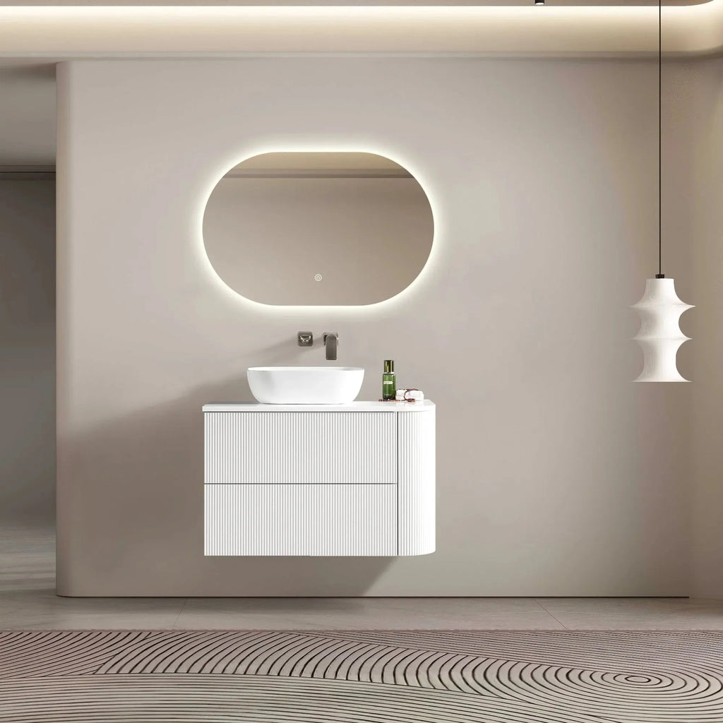 MELA BRITTANY 900 Fluted One Side Curved Wall Hung Vanity with 2 Drawers in Matt White, view 4