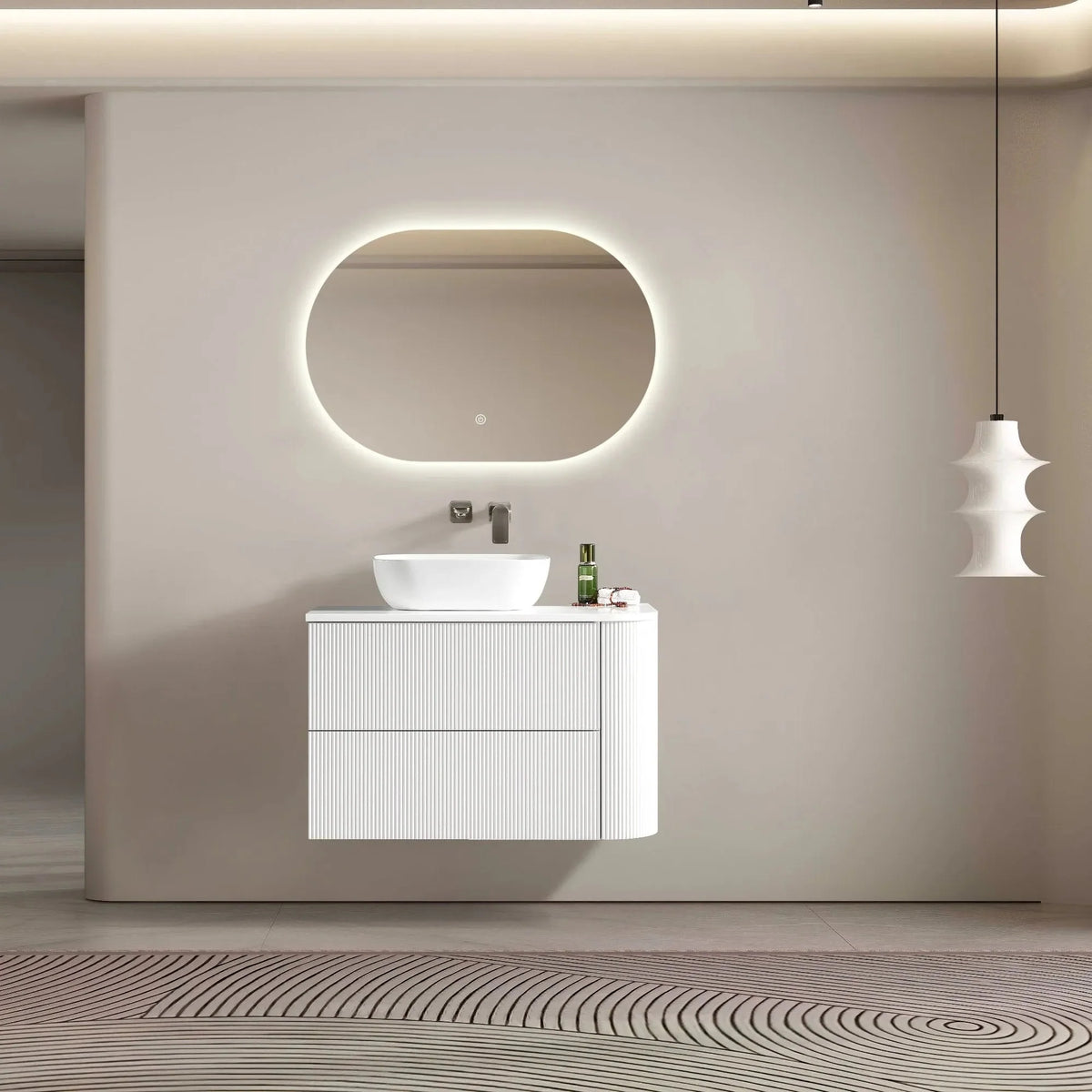 MELA BRITTANY 900 Fluted One Side Curved Wall Hung Vanity with 2 Drawers in Matt White, view 4
