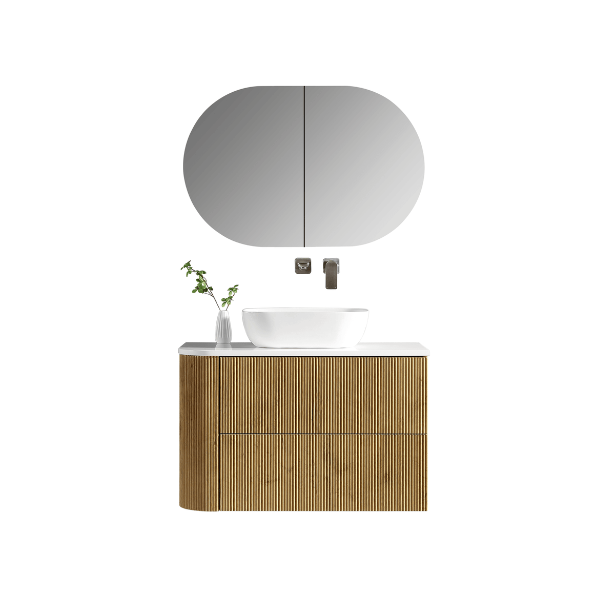 MELA BRITTANY 900 Fluted One Side Curved Wall Hung Vanity with 2 Drawers in Oak