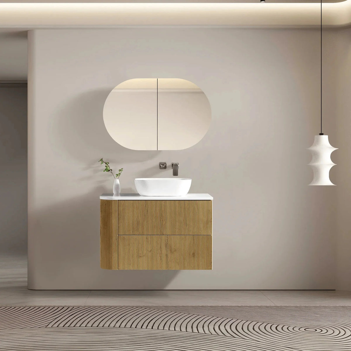 MELA BRITTANY 900 Fluted One Side Curved Wall Hung Vanity with 2 Drawers in Oak, view 2