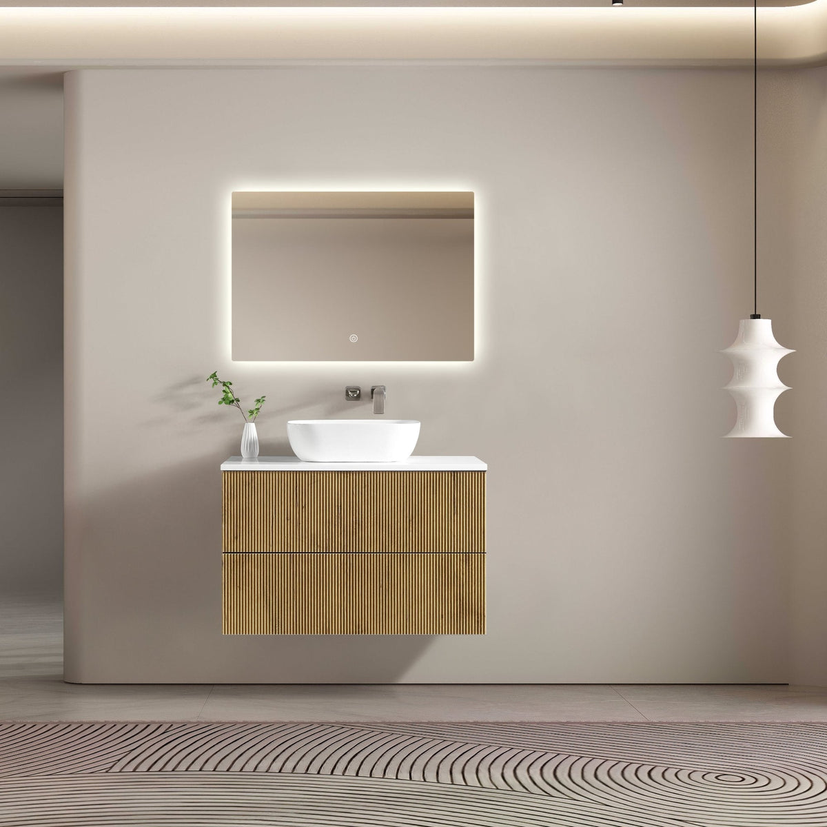 MELA BRITTANY 900 Fluted Wall Hung Vanity with 2 Drawers in Oak, view 2