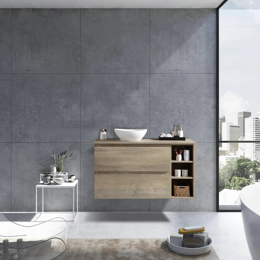 MELA CLARK 1050 Wall Hung Vanity with 2 Drawers & Side Shelves in Sorrento Oak