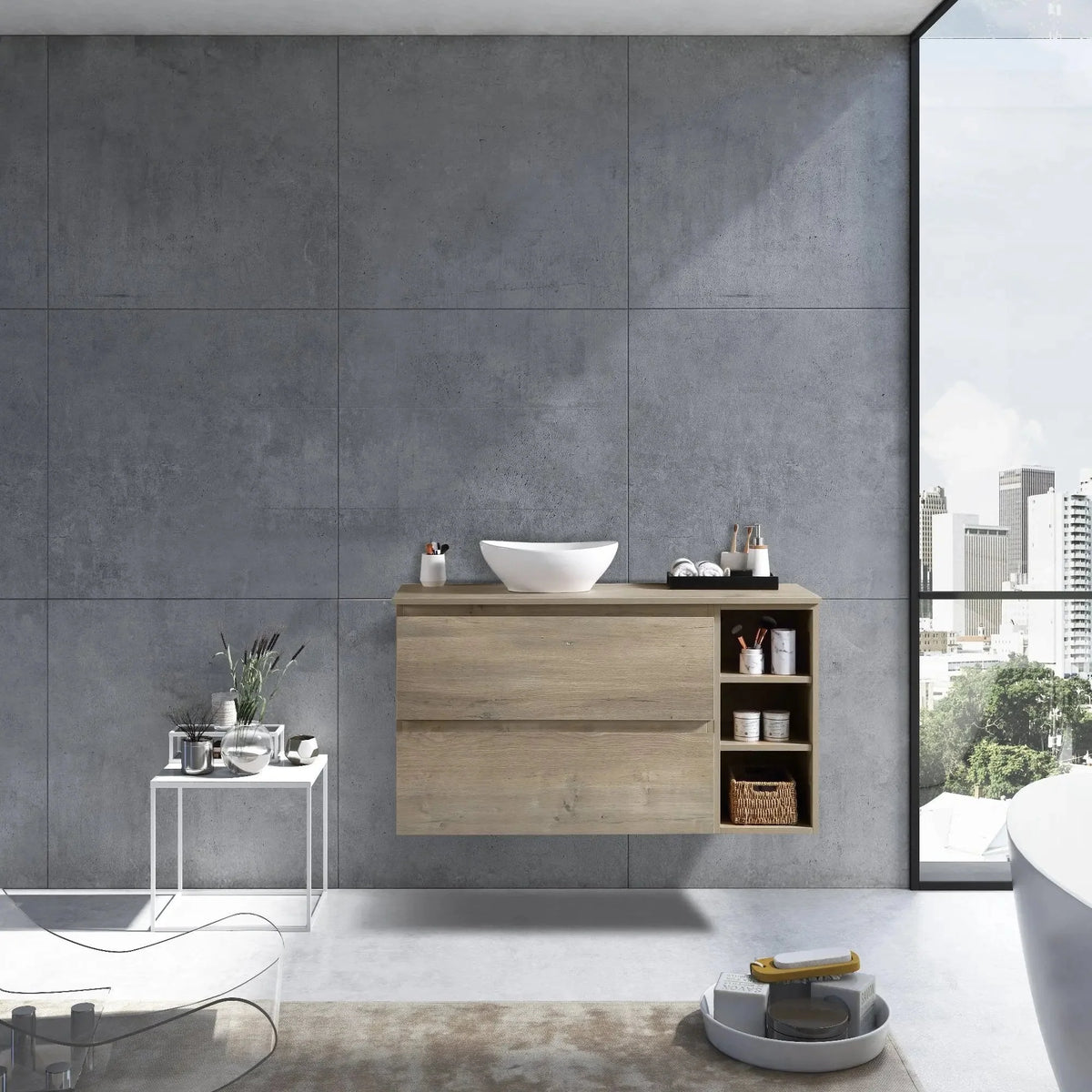MELA CLARK 1050 Wall Hung Vanity with 2 Drawers & Side Shelves in Sorrento Oak