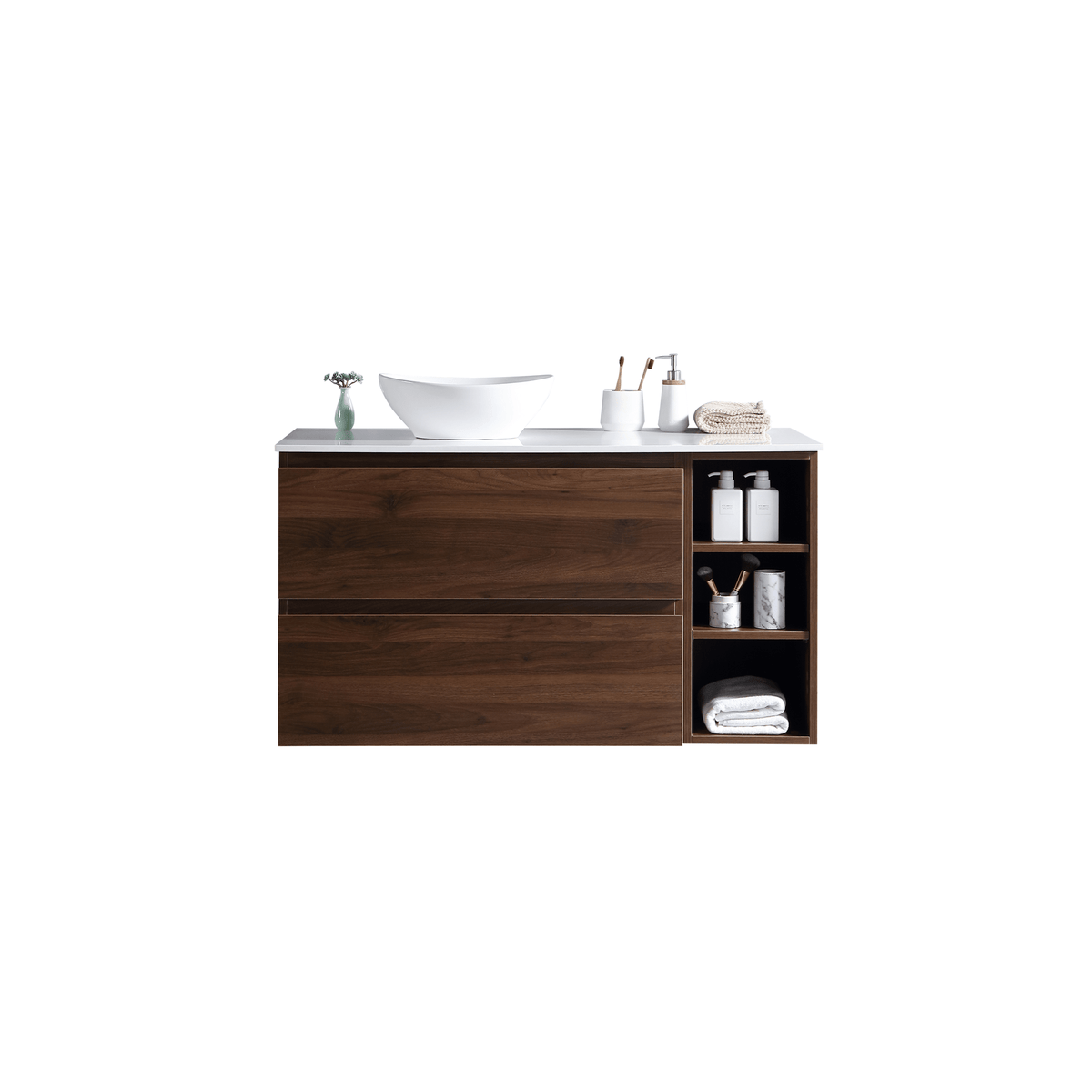 MELA CLARK 1200 Wall Hung Vanity with 2 Drawers & Open Shelves in Walnut