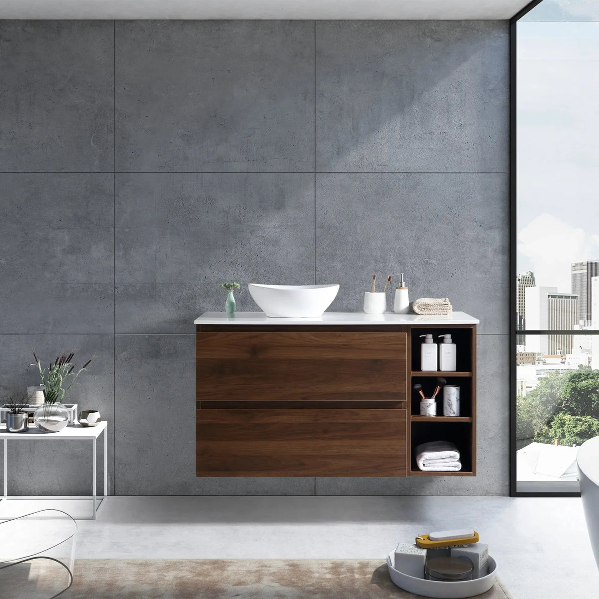 MELA CLARK 1050 Wall Hung Vanity with 2 Drawers & Side Shelves in Walnut, view 2