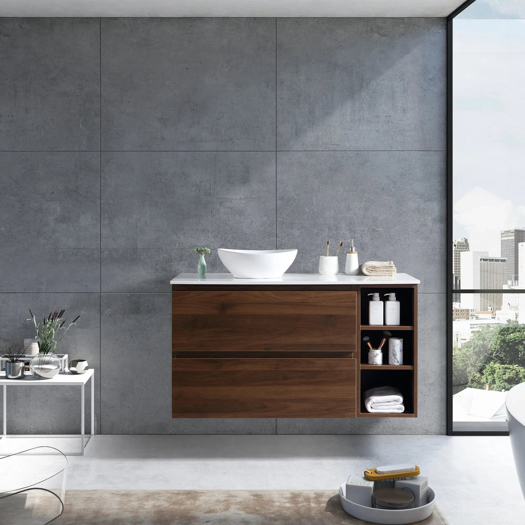 MELA CLARK 900 Wall Hung Vanity with 2 Drawers & Open Shelves in Walnut, view 2